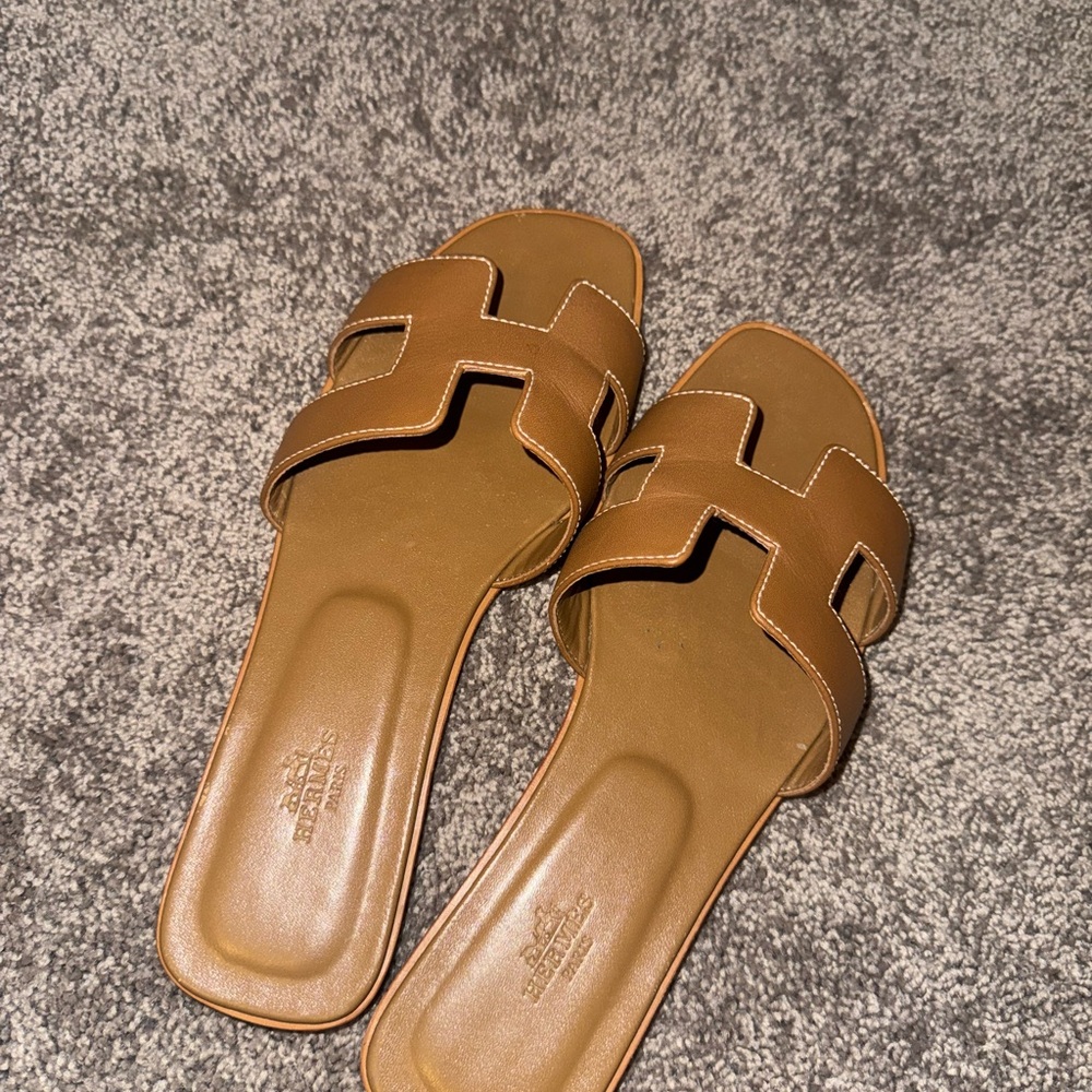 Hermes Brown Leather Slide Sandals